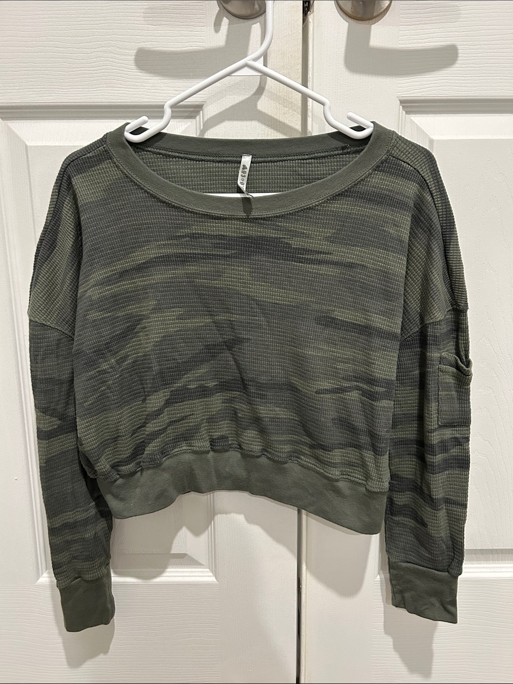 Cropped Olive Waffle Knit Sweatshirt - Women